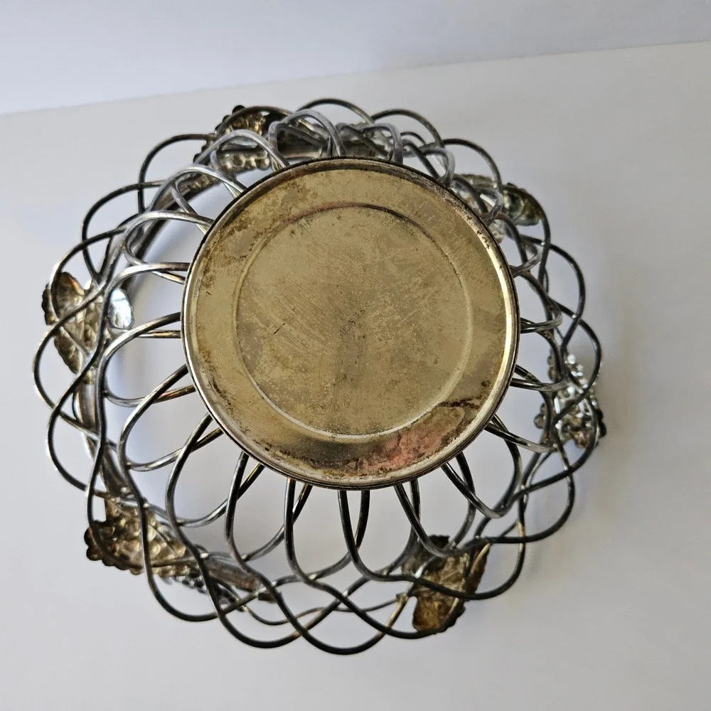 Vtg GODINGER Silver-Plated Wire Grapevine Basket - 12in - Bread Rolls Fruit Leaf